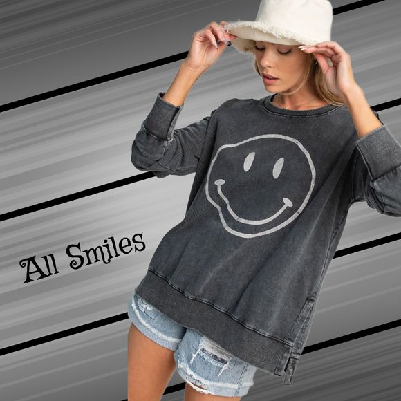 EASEL "All Smiles"  Mineral Washed 100% Soft Cotton Terry Knit Tunic Side Slits - Picture 7 of 11